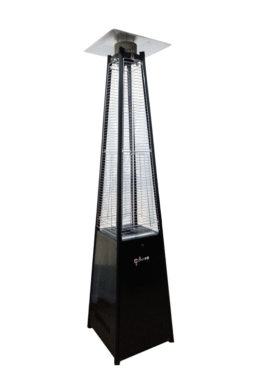 Jet black square pyramid flame patio heater from ClimatePlus, featuring a sleek matte black body and a vertical flame enclosed in a glass tube. The heater is standing outdoors, creating a warm and modern ambiance.